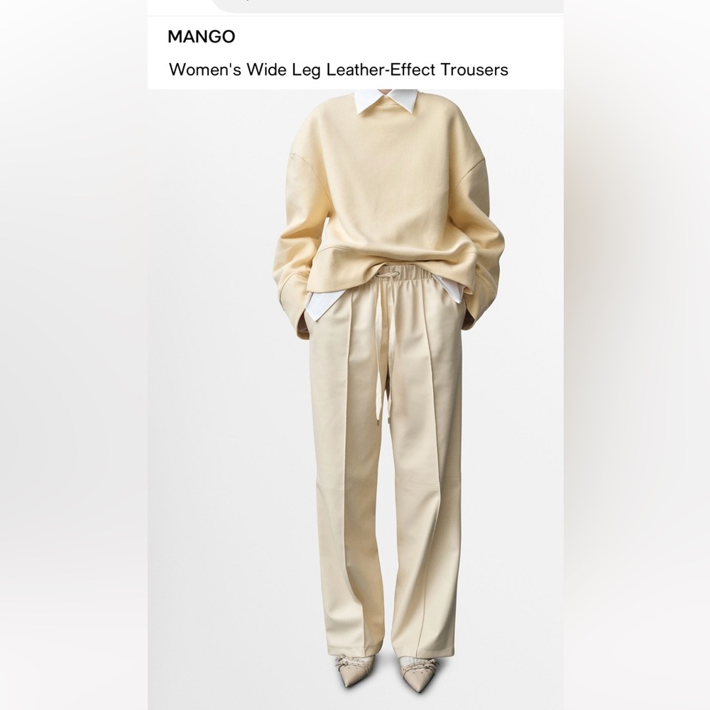 Mango Beige Wide Leg Leather-Effect Trousers
